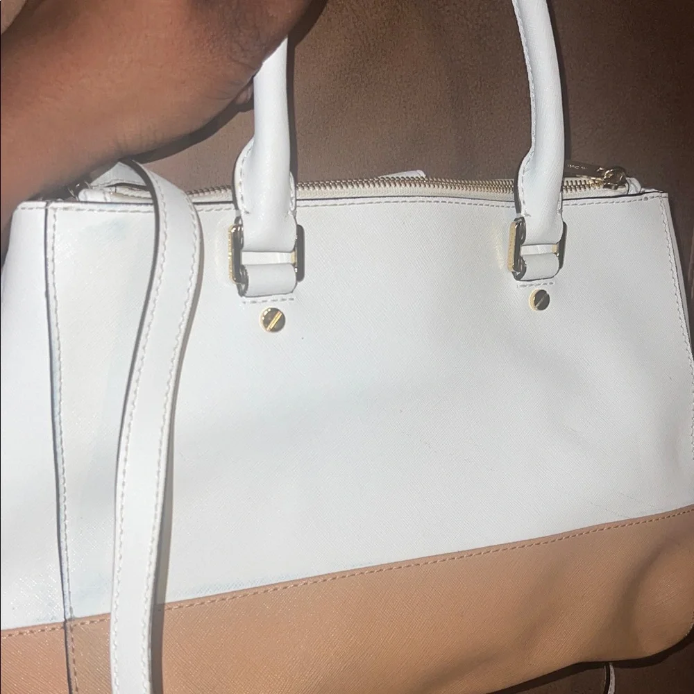 Michael Kors White and Tan Leather Satchel with Gold Hardware